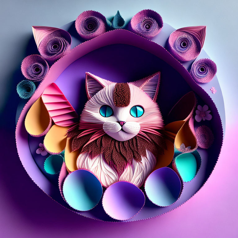 Colorful Stylized Cat Artwork with Abstract Shapes on Purple Background
