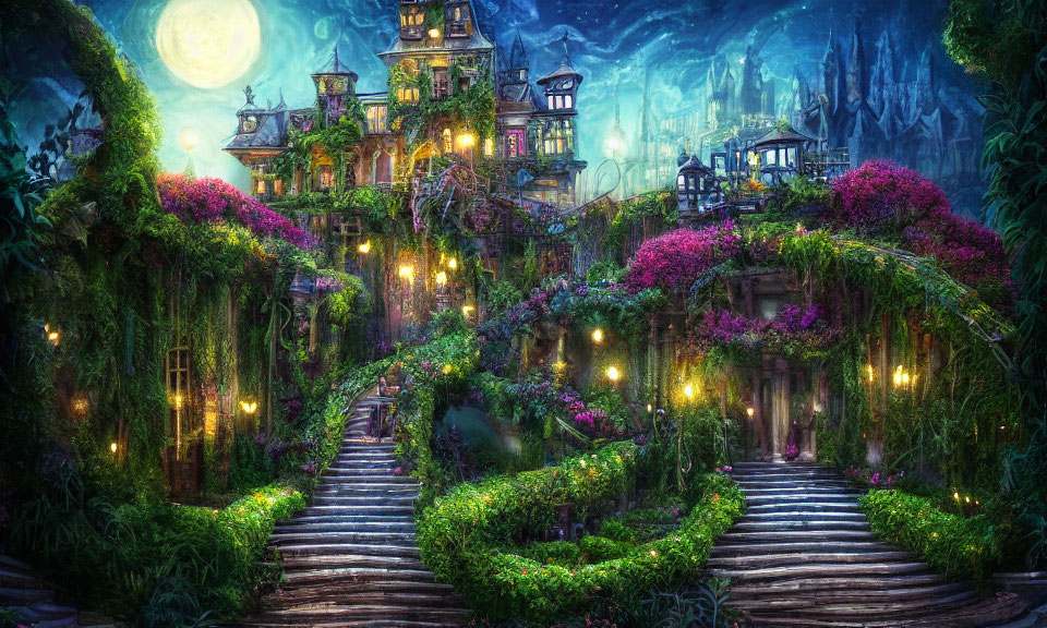 Enchanted overgrown mansion at night with glowing lanterns