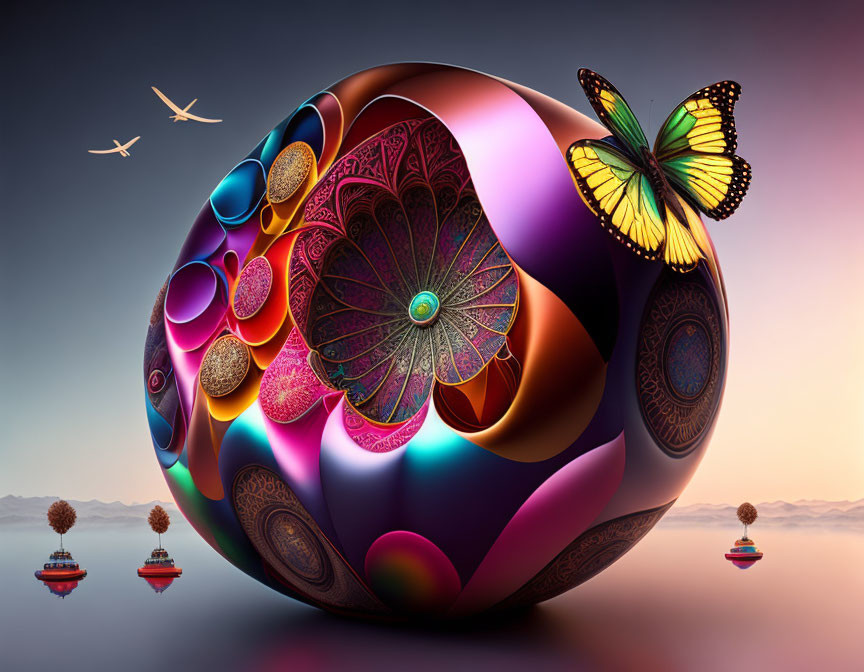 Colorful surreal image: ornate sphere, butterfly, boats, trees, birds on calm sea