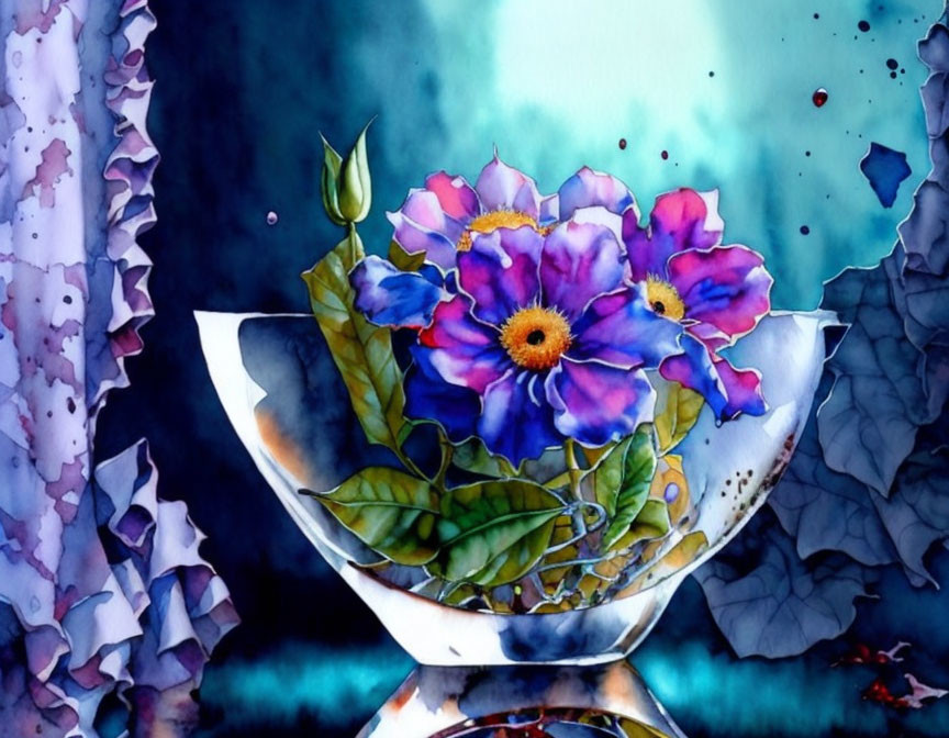Colorful watercolor painting of purple flowers in white bowl on blue backdrop