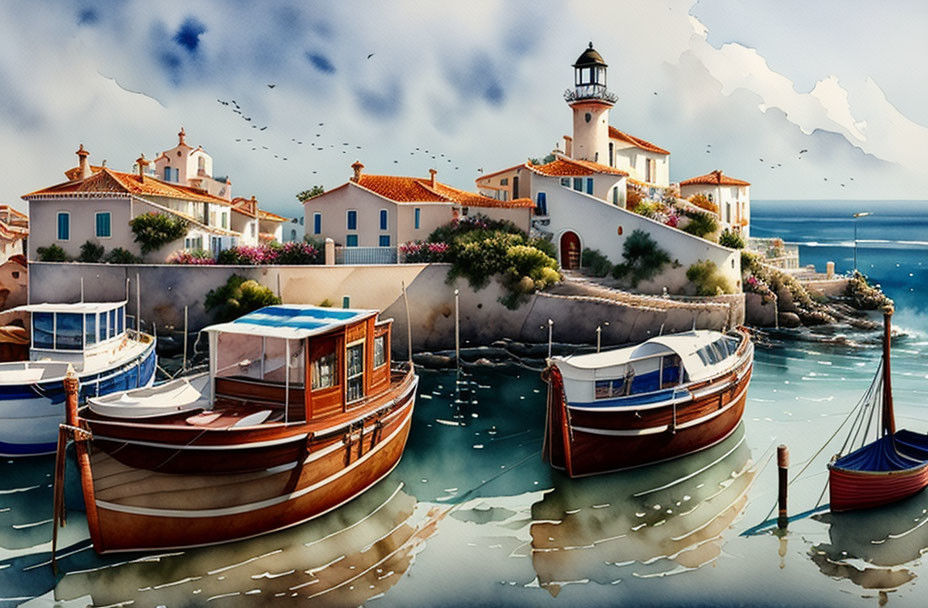 Tranquil harbor scene with wooden boats, lighthouse, and coastal buildings