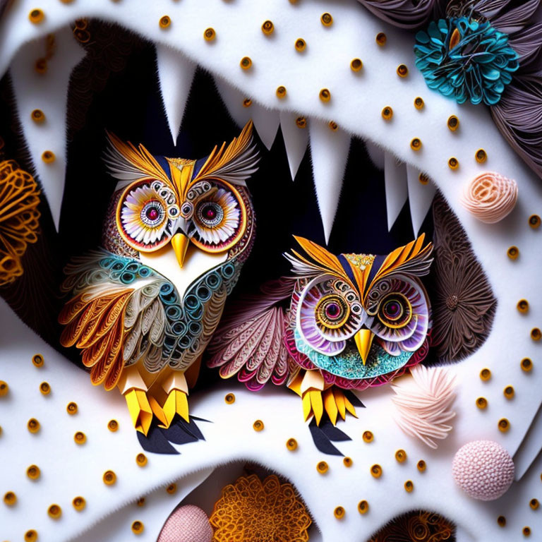 Colorful Paper Art Owls Perched on Branch with Flowers and Zigzag Background