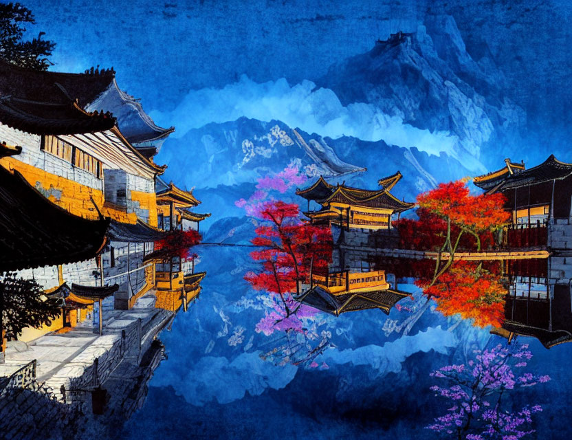 Asian-style Buildings Illuminated by Autumn Trees and Mountains