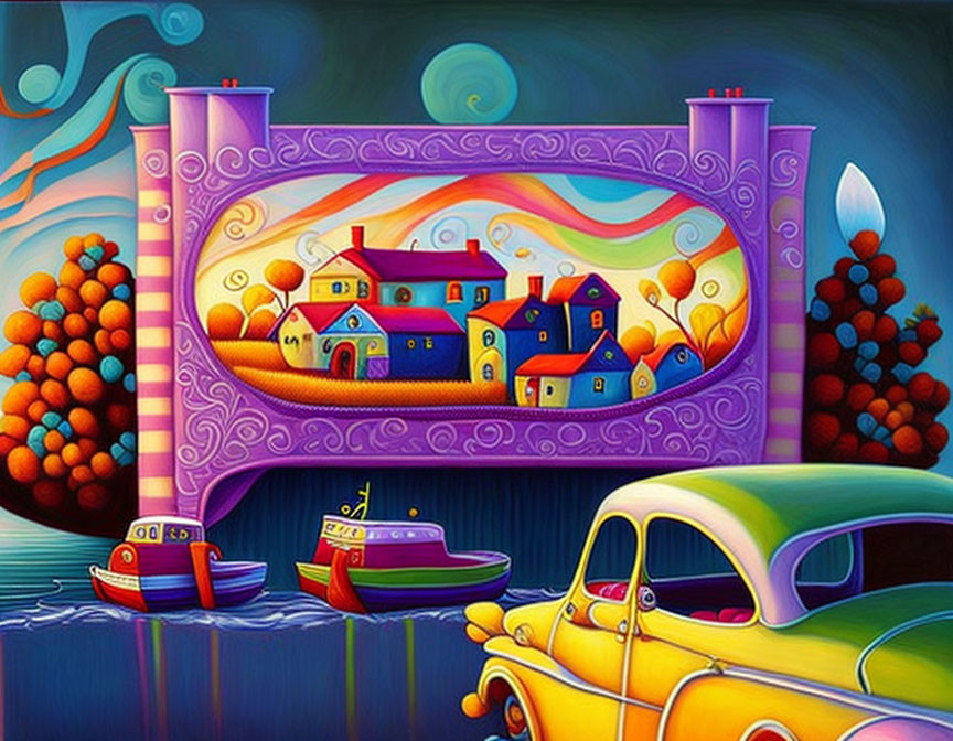 Vibrant waterside scene with stylized buildings, boats, and cars