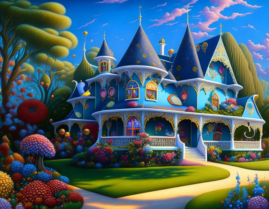 Vibrant castle-like house illustration in magical garden