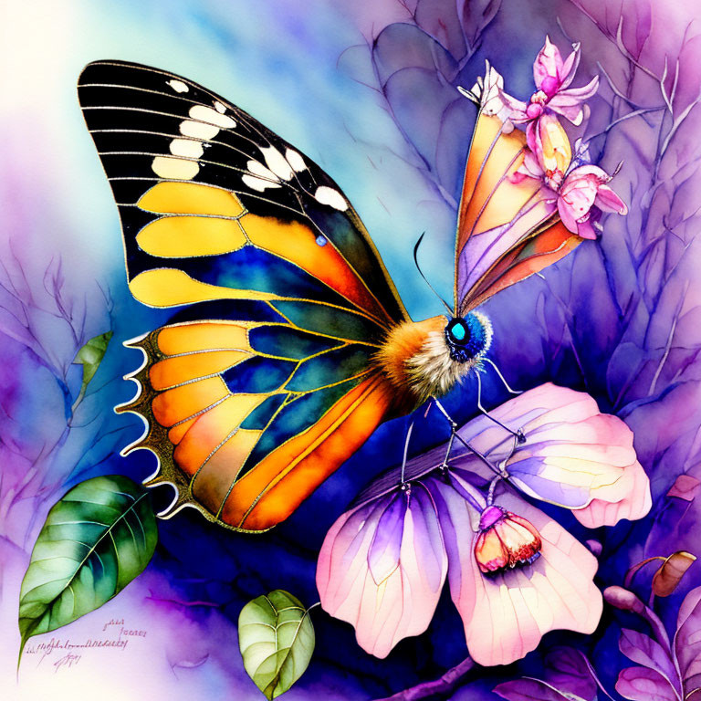 Detailed Watercolor Painting of Butterfly on Pink Flowers in Purple and Blue Hues