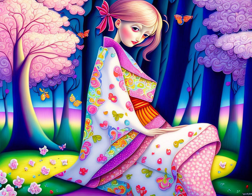 Illustration of pale girl in colorful cloth, surrounded by nature.