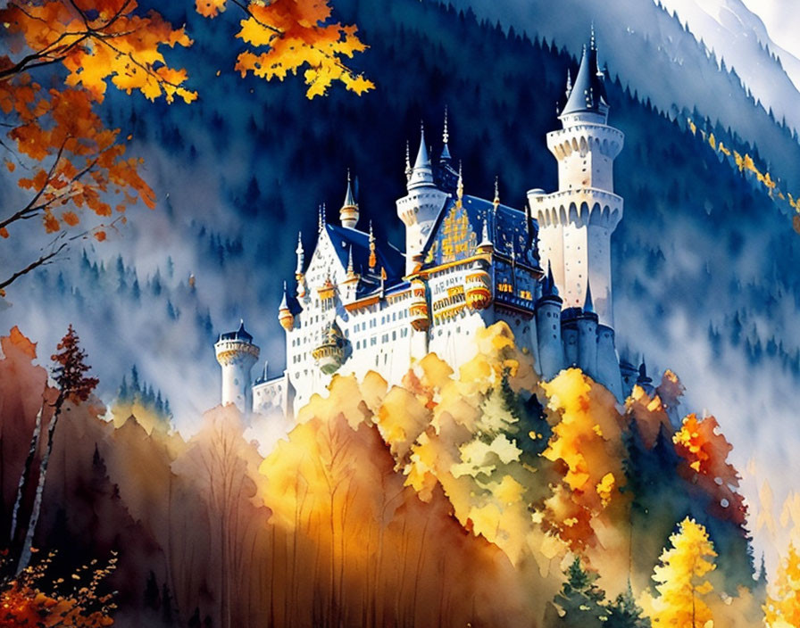 Majestic fairy-tale castle in autumn mountain scenery