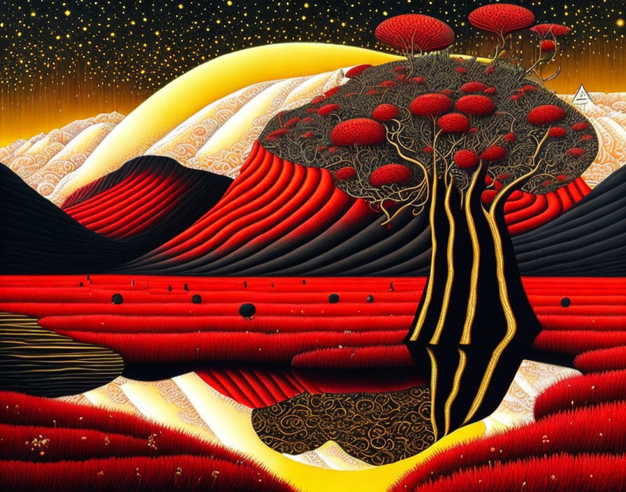 Stylized landscape with red and black hills, tree with red foliage, starry sky, cres