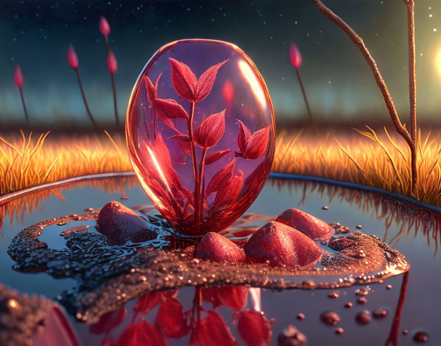 Red Glowing Plant in Transparent Sphere in Twilight Field