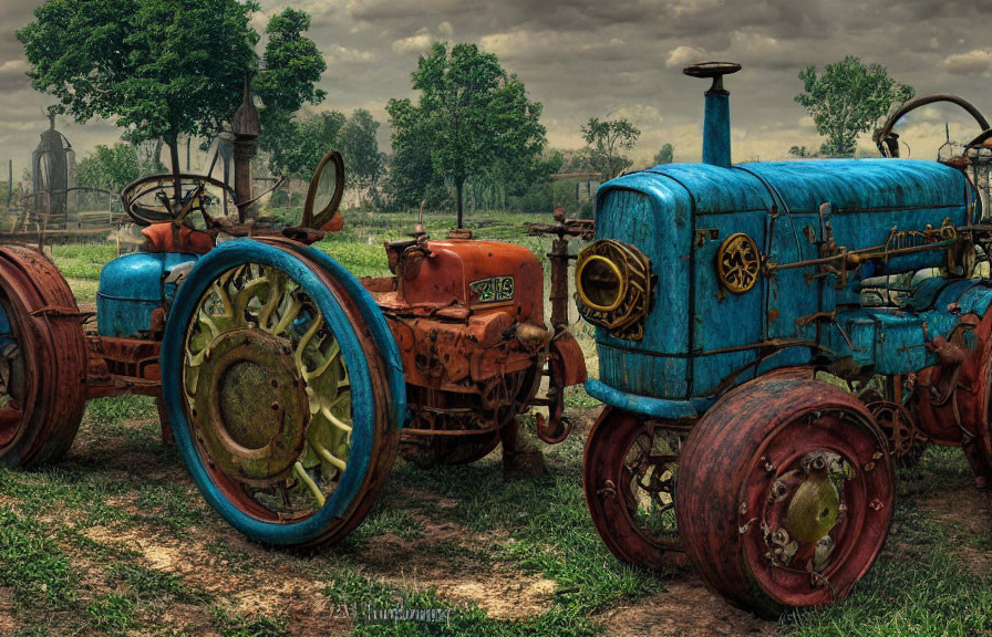Vintage tractors and old factory with rusty textures in field.
