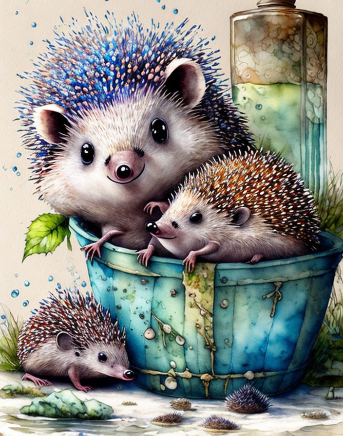 Illustrated hedgehogs in cracked bowl with colorful spiky back