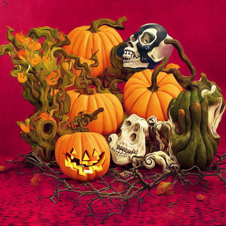 Spooky Halloween still life with pumpkins, skull, and greenery on red background