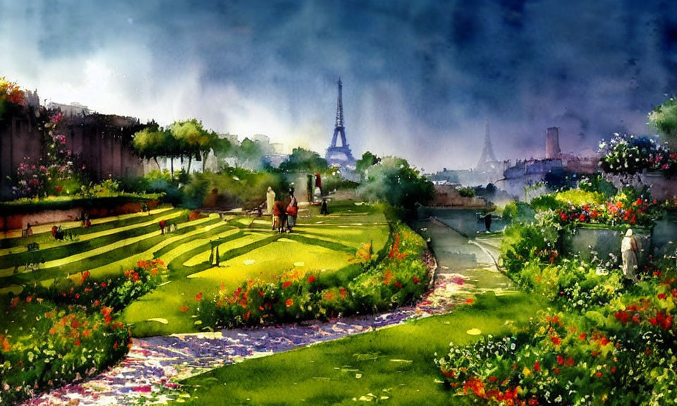 Vibrant watercolor painting of garden with Eiffel Tower and flowers