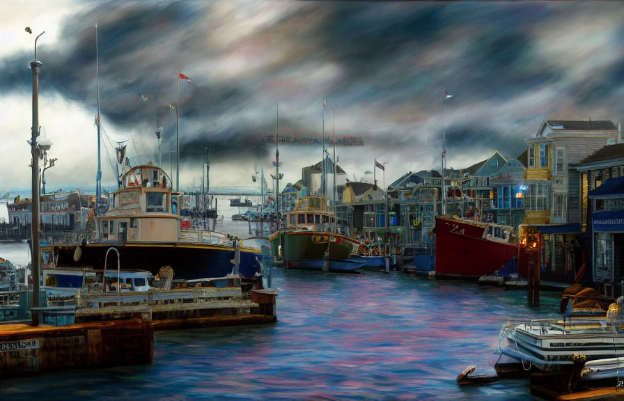 Harbor seascape with boats, wooden buildings, and dramatic sky.