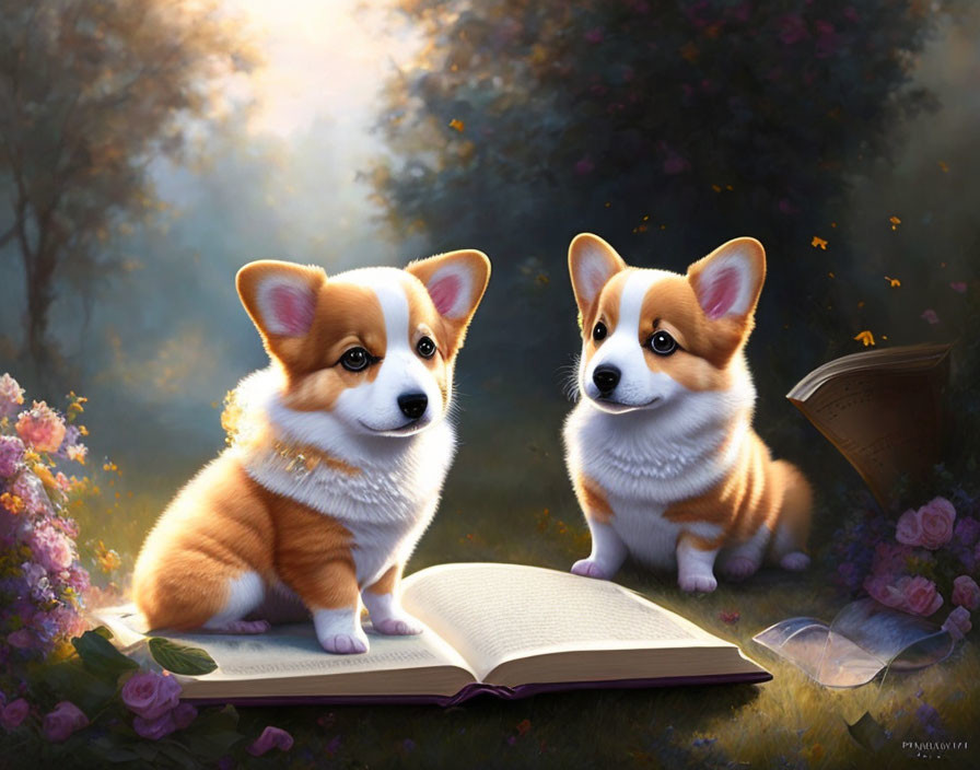 Corgi puppies on open book in magical garden with blooming flowers