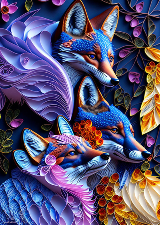 Colorful Stylized Fox Artwork with Floral Patterns and Dark Background