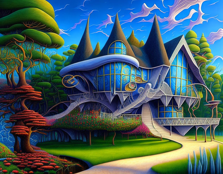 Colorful surreal house illustration with waving architecture and fantastical trees