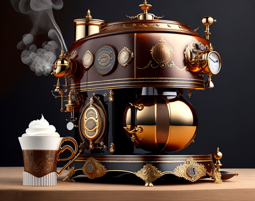 Steampunk style coffee machine with brass and copper elements and intricate detailing.