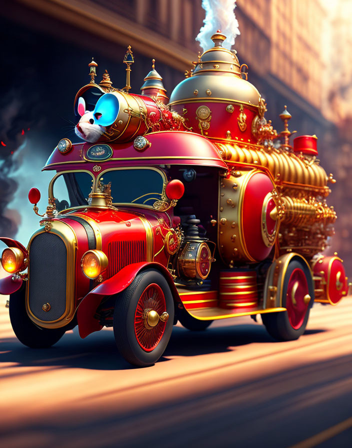 Steampunk-inspired vintage car with intricate brass details