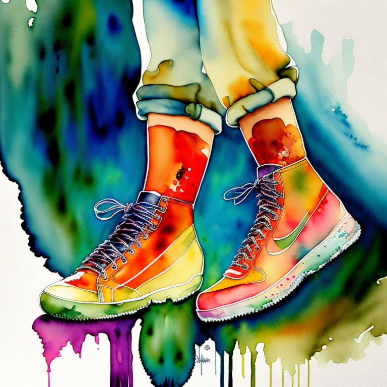 Vibrant Sneakers on Legs in Colorful Watercolor Art