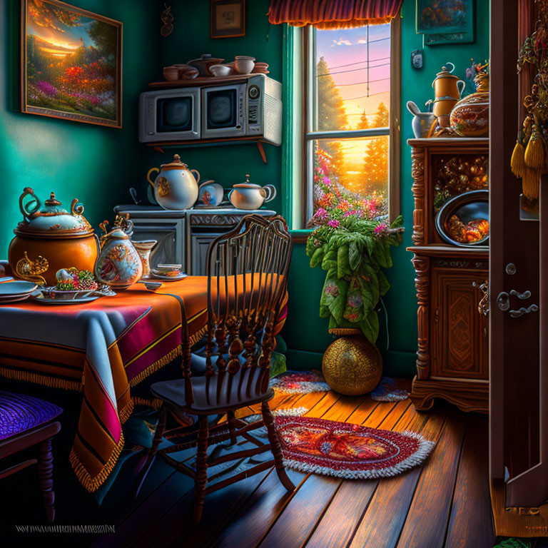 Vintage Kitchen Sunset Scene with Wooden Chair, Tea Set, Pottery, Warm Lighting, and Water View