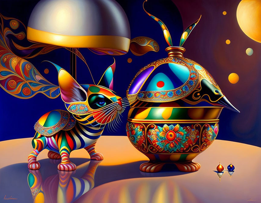 Vibrant painting of patterned cat and spherical vessel in surreal setting