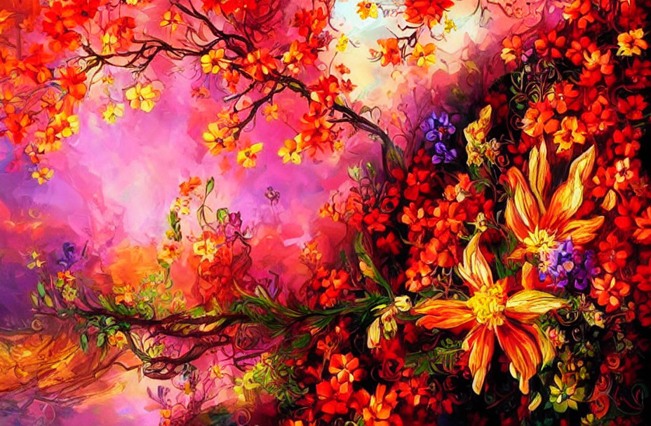 Colorful Floral Painting with Red and Orange Hues