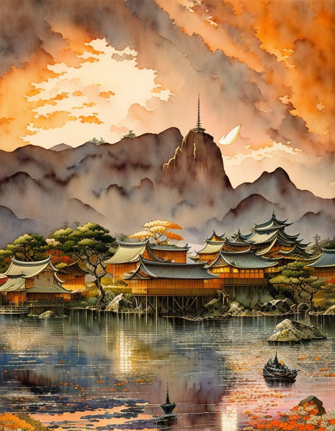 Scenic Asian village with pagoda-style buildings near tranquil lake at sunset