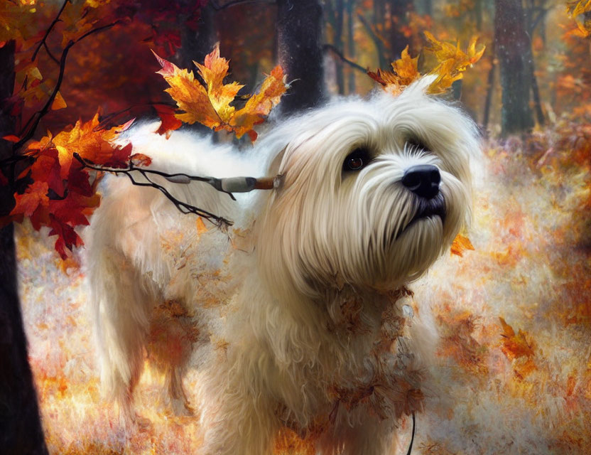 Fluffy white dog in autumn leaves with vibrant foliage
