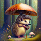 Colorful Cat and Mushrooms in Whimsical Forest Illustration
