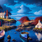 Whimsical fantasy landscape with houses on green islands during thunderstorm