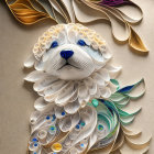 Fluffy dog with blue studded collar beside matching bag, surrounded by soft textures, rose, green