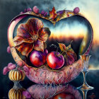 Surreal heart-shaped vessel with flowers, castle, seascape, wine glass, pumpkins on