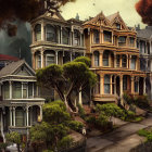 Victorian-style houses in lush garden setting at dusk with warm glowing light.