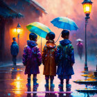 Colorful Umbrellas Walking on Rain-Drenched Street at Night