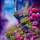 Person with Umbrella in Watercolor Among Pink and Purple Flowers Under Starry Sky with Tower Silhouette
