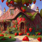 Whimsical fantasy illustration of giant strawberry house surrounded by oversized strawberries