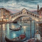 Vibrant painting of arched bridge, sailboat, whimsical houses, and swirling sky