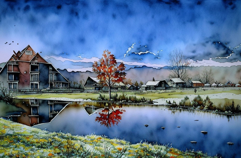 Tranquil village watercolor painting with reflective waters and distant mountains