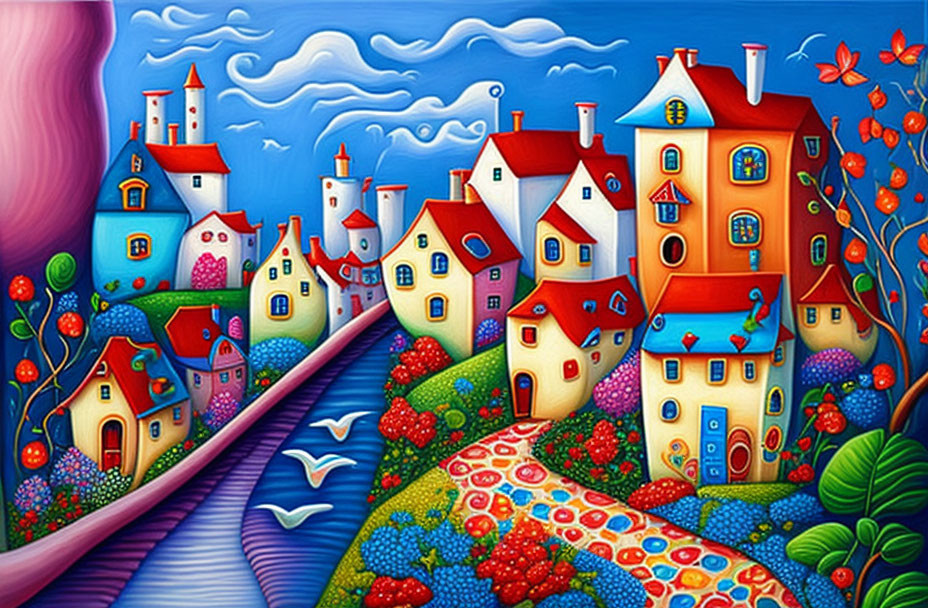 Vibrant village painting with stylized houses and oversized flowers