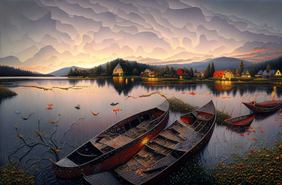 Tranquil fall landscape with wooden boats on calm lake