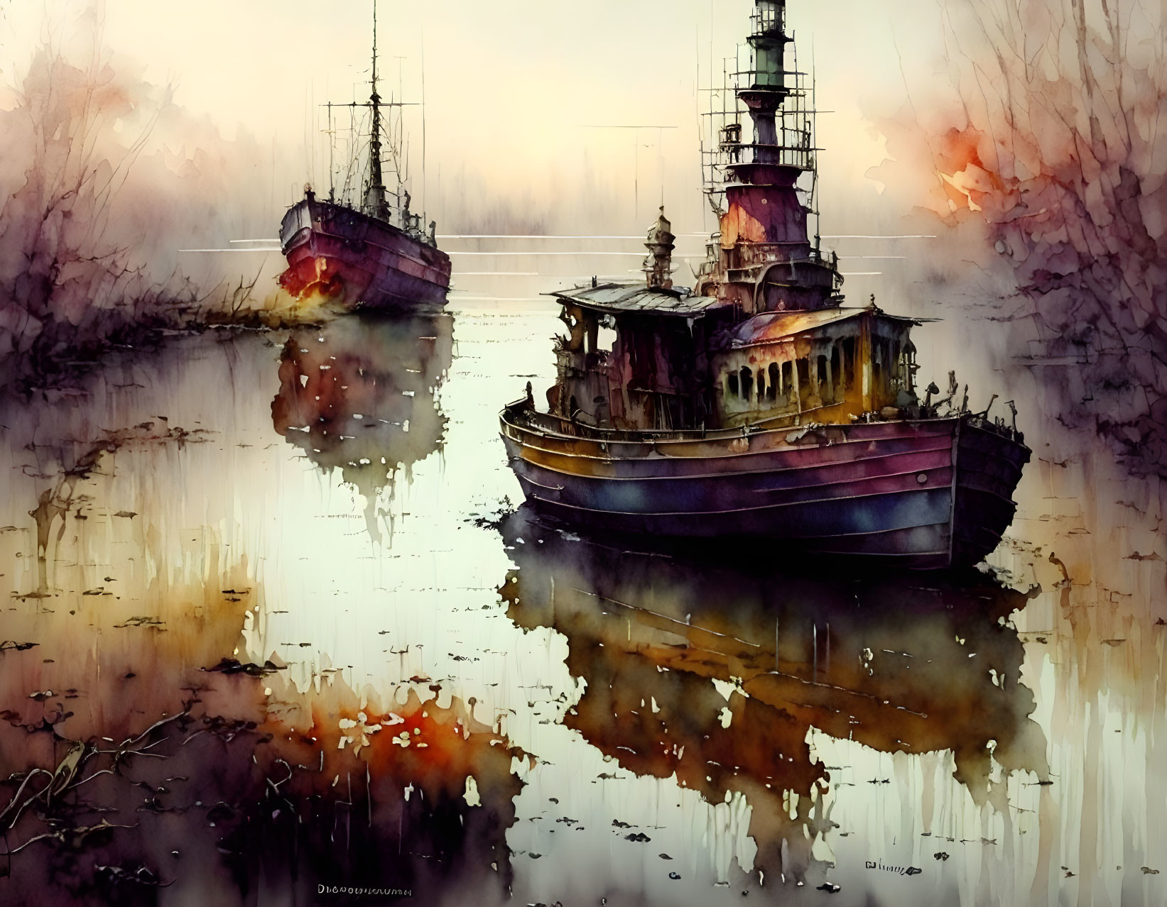 Vintage Ships Reflecting on Calm Water with Misty Autumn Trees