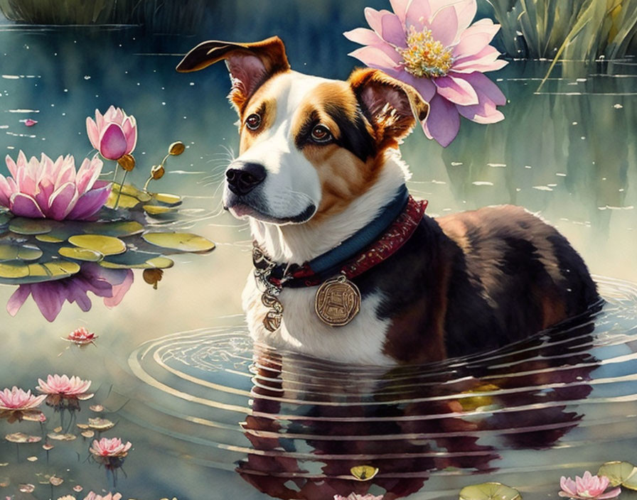 Tricolor Dog with Red Collar in Water Among Pink Water Lilies