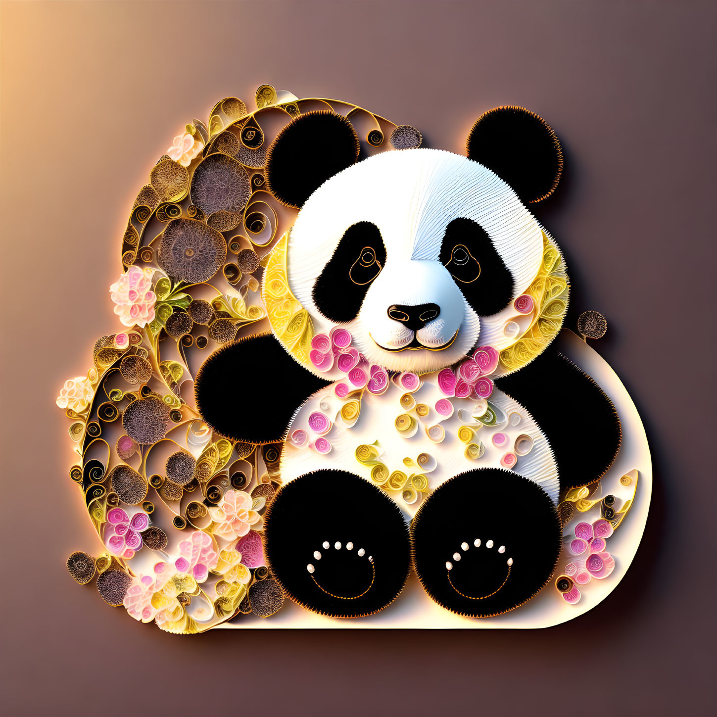 Stylized panda with floral patterns in 3D effect on warm background