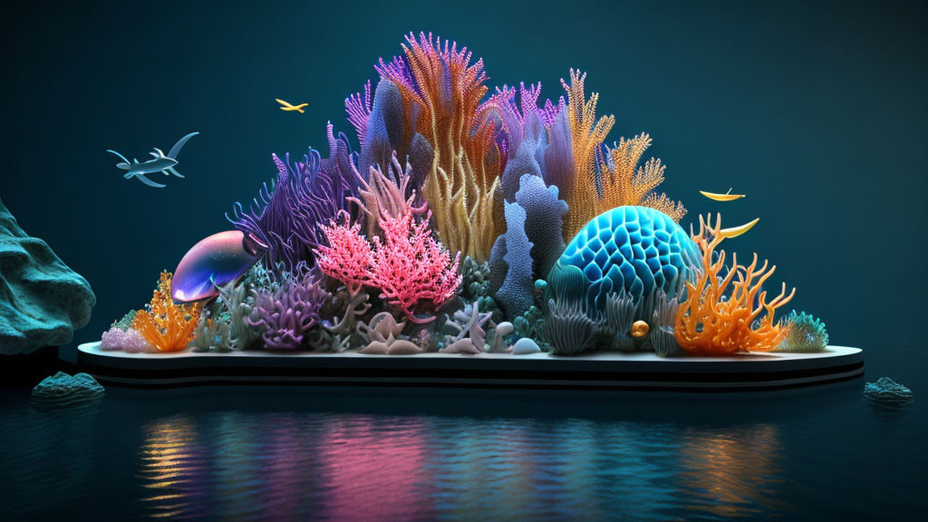 Colorful Coral Reef Ecosystem with Fish and Bird on Smartphone