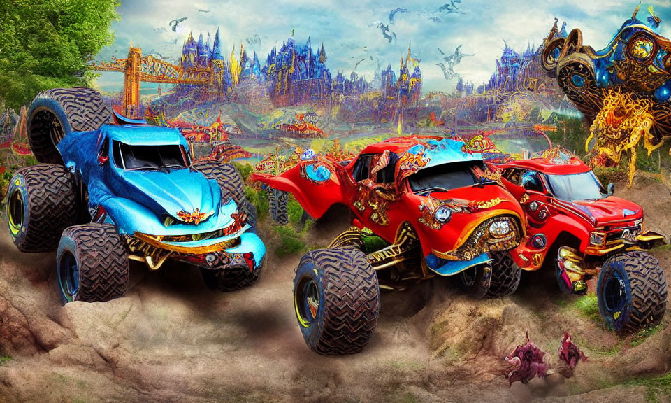 Vibrant monster trucks with elaborate designs at fairy-tale castle