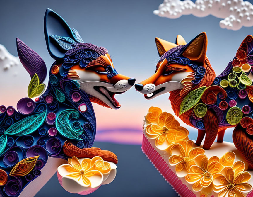Colorful 3D Illustration of Stylized Foxes in Sunset Scene