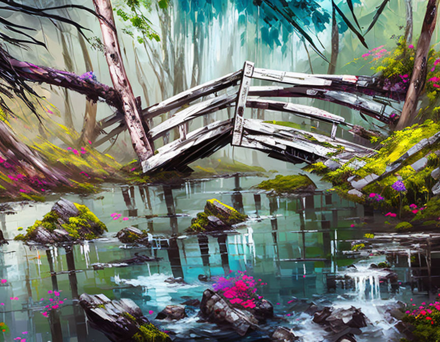 Tranquil forest scene with wooden bridge over serene pond