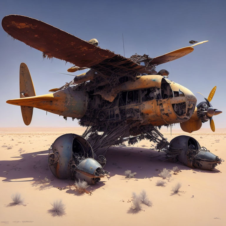 Abandoned twin-prop airplane in desert sands